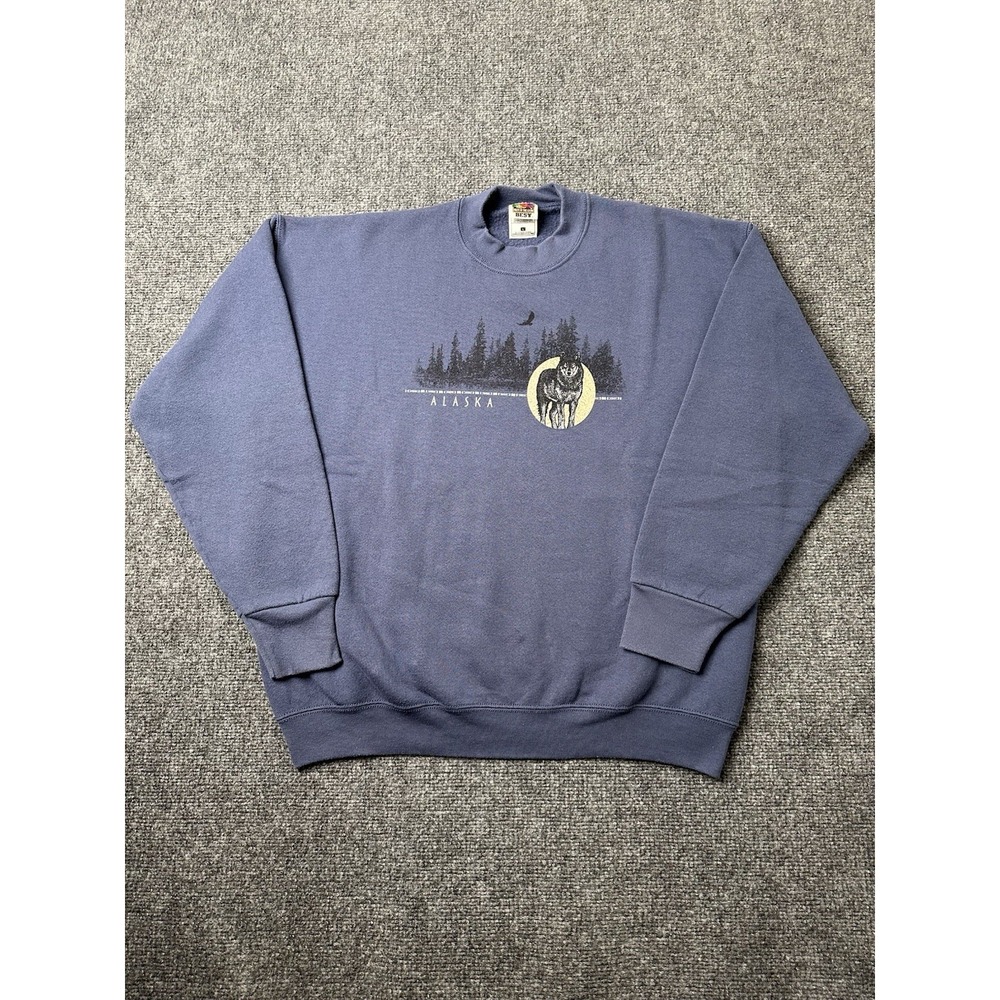 Mens Crewneck Alaska Wolf Graphic Sweatshirt Blue, Size L